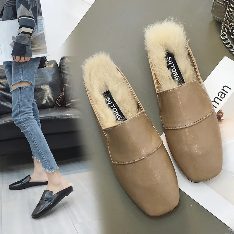

2019 New Style Korean-style Students Rabbit Fur Closed-toe Semi-SLIPPER Women's Lazy Muller Flat Autumn And Winter Plush Slipper