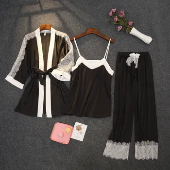 

3PCS Pajamas Suit Sexy Lace Patchwork Pyjamas Kimono Gown Women Satin Robe Silky Intimate Lingerie Home Clothes nNightwear