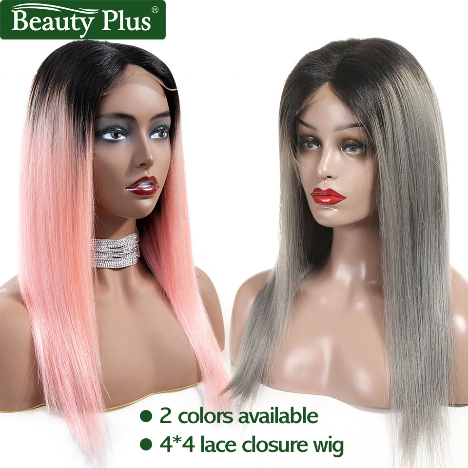 

Lace Closure Wig 4x4 Pre Colored Rose Pink Ombre Human Hair Wig for Black Women Brazilian Remy Short Hair Wigs Beauty Plus
