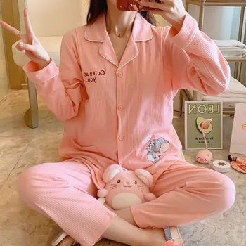 

XIFER Cotton Nursing Clothes Pregnant Women Pajamas Spring and Autumn Long-sleeved Set Confinement Cartoon Home Service Suit