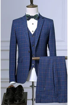 Cena Męskie Garnitury 3 Kawałki Szary/niebieski Garnitur W Kratę Męskie Biznes Groom Kurtka Smokingi Na Wieczór Weselny (marynarka + Kamizelka + Spodnie)
