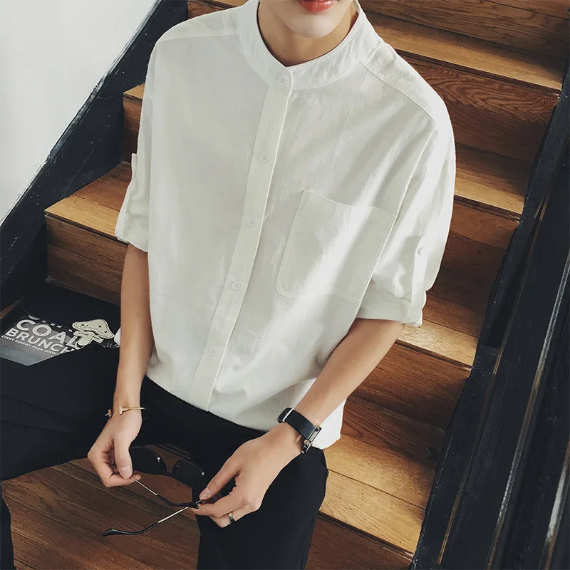 

2020 Men's 3/4 Sleeve Shirt Summer Korean Version of The Trend of Students Small Fresh Cotton Linen Shirt Men Women Shirt