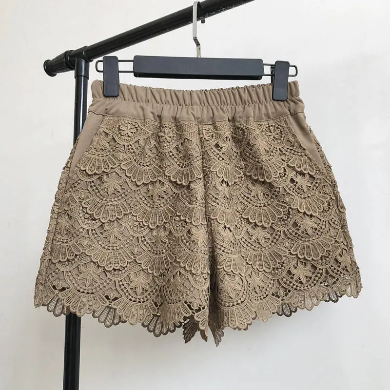Khaki Shorts Кружевные женские шорты на весну и осень, шорты с высокой талией, эластичные шорты с широкими штанинами, черные/белые женские сексуальные шорты Q2248 - Цвет: Khaki Shorts