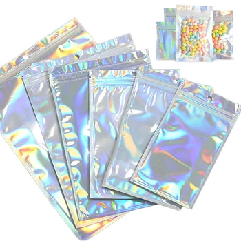 

20Pcs PET Flat Zip Lock Bags Pouches Cosmetic Plastic Laser Iridescent Bags Holographic Makeup Bags Hologram Zipper Bags