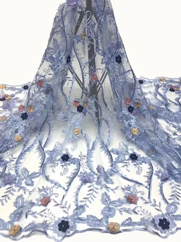

(5yards/pc) Navy blue tulle lace fabric 3D flowers appliqued African French net lace fabric with beads for party dress FZZ612