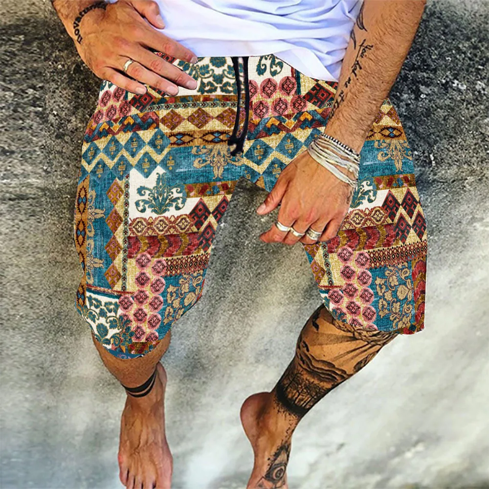 

New Men's Pants Summer New Casual All-match Loose Print Stitching Pockets Straight Elastic Waist Thin Shorts Beach For Men