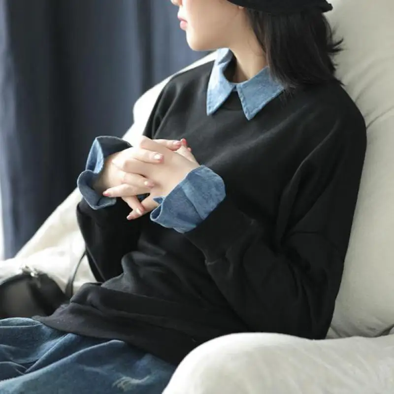 Johnature Patchwork Leisure Hoodies Turn-down Collar Pullovers Full Sleeve Casual Fake Two Pieces New Autumn Women Clothes