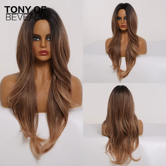 Long Water Wavy Synthetic Wigs Ombre Brown Middle Part Natural Hair Wigs For Women Cosplay Wigs Heat Resistant Fiber lc189-3