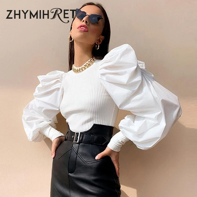ZHYMIHRET осень 2019 вязаная футболка с рюшами и пышными рукавами женская уличная