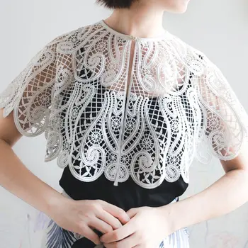 

Korean Womens Embroidery Crochet Lace Fake Collar Hollow Out Solid White Sunscreen Detachable Big Shawl Cape