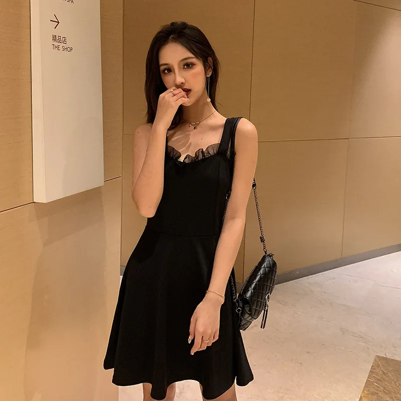 

2019 Spring And Summer Strapped Dress A- line Gauze Joint Sleeveless Black Dress Dress