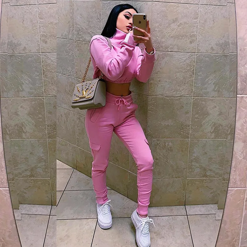 

Joskaa 2019 Autumn Two Pieces Set Women Pink Causal Tracksuits Cropped Long Sleeve Zipper Up Sweatshirt Pockets Long Pants