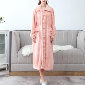 

Women Flannel Robe Pajamas Solid Color Thicken Soft Warm Long Bath Robe with Side Pockets