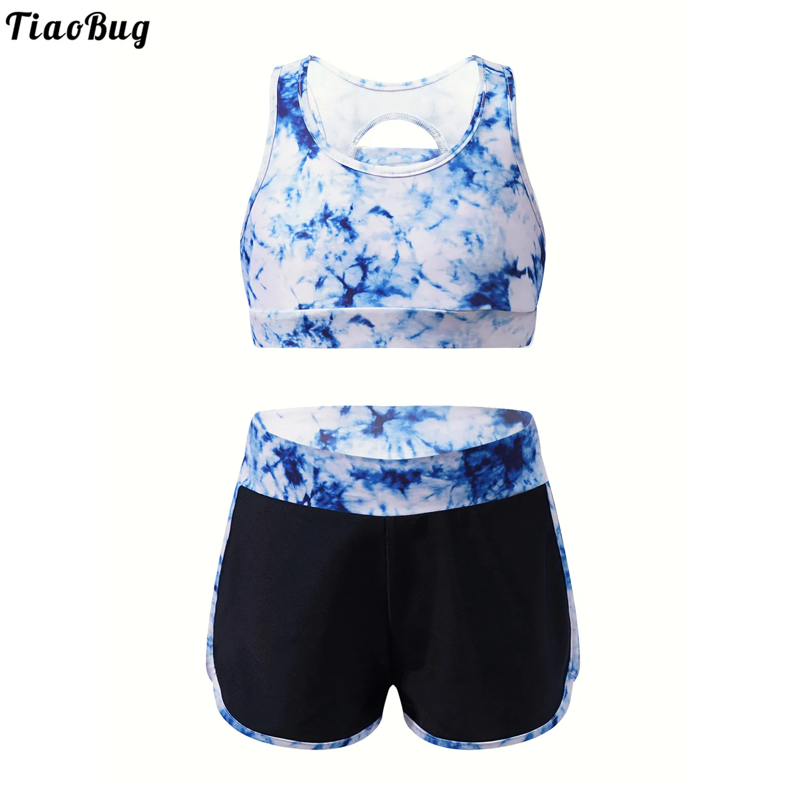 Tiaobug Summer 2Pcs Kids Girls Sport Yoga Outfit Set Girocollo Senza Maniche Hollow Back Tank Top Fitness Gym Dance Suit