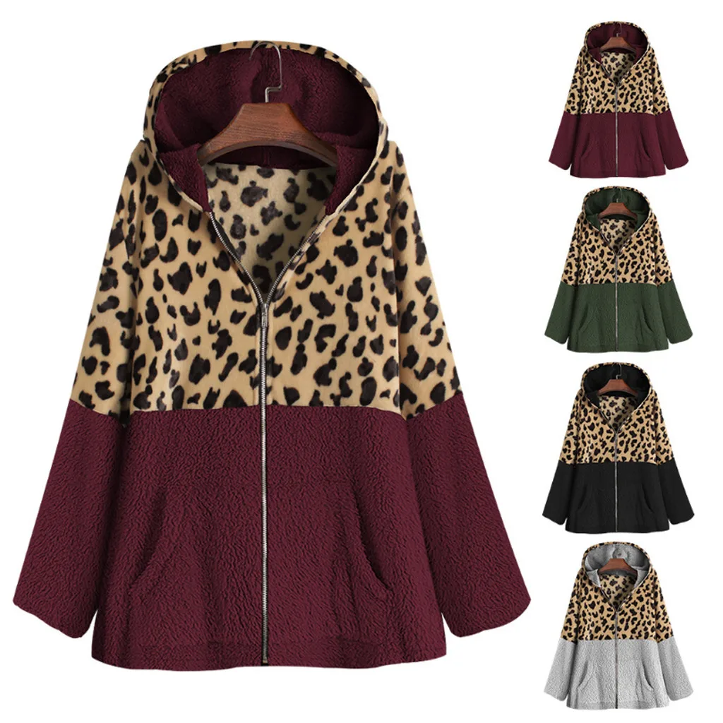 Female Jacket Plush Coat Women's Windbreaker Winter Warm Outwear Leopard Print Hooded Pockets Vintage Oversize Coats Plus Size