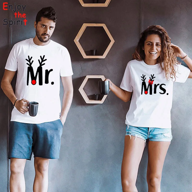 Рождественские футболки в тон для пары Mr and Mrs модная повседневная Рождественская