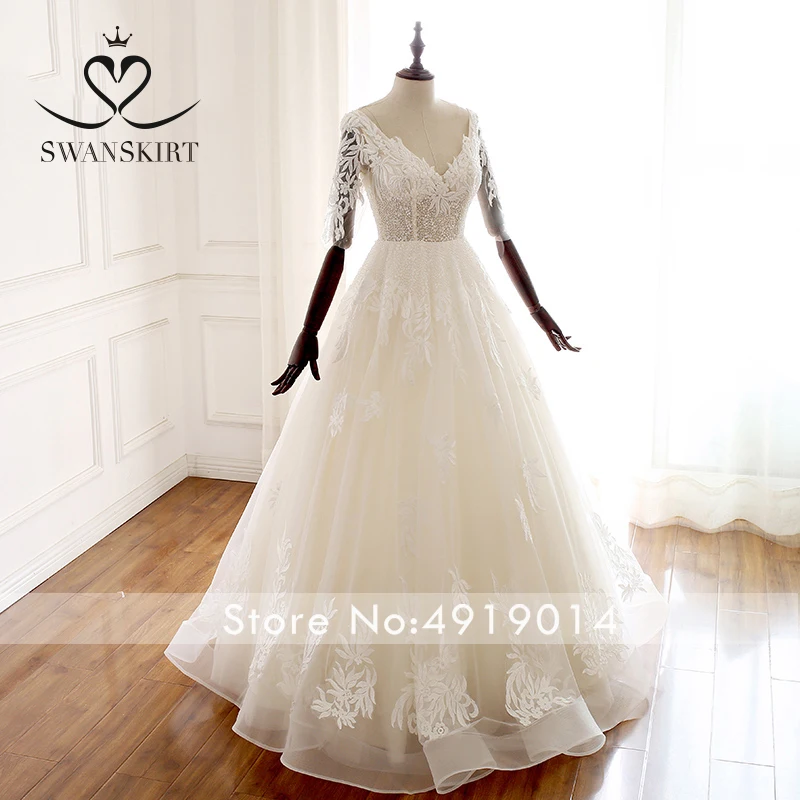 V-образным вырезом из бисера Свадебное платье Swanskirt A220 аппликации с низким вырезом на спине платье трапециевидной формы платье принцессы с рюшами, свадебное платье, Тюль Иллюзия vestido de noiva