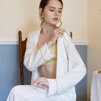 

Autumn Winter New Silk Pajamas Suit Long-sleeve V-neck Cardigan Solid Pyjamas Casual Print Home Clothing Nightwear 2pcs Sets