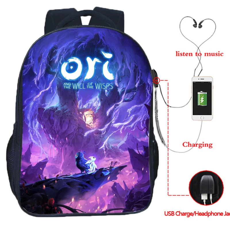 

Ori and the Will of the Wisps USB Backpack for Teenagers 2020 Ori Pattern Backpack Bag for Girls Cool Style School Backpack