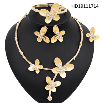 

Yulaili Fancy Fashion Zircon Gold Color Butterfly Decoration Crystal Necklace Earrings Bracelet Ring Party Wedding Jewelry Sets