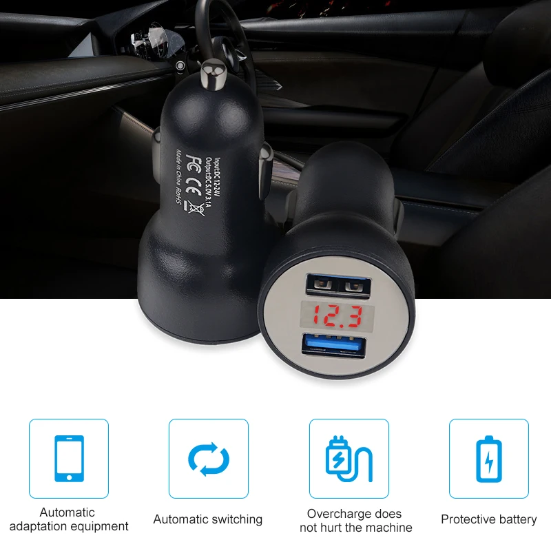 3.1A Автомобильный USB гнездо для автомобильного прикуривателя Зарядное устройство 12 В зарядка через usb Мощность разъем адаптера 2 Порты ЖК-дисплей Дисплей автомобиля Зарядное устройство 12 v-24 V