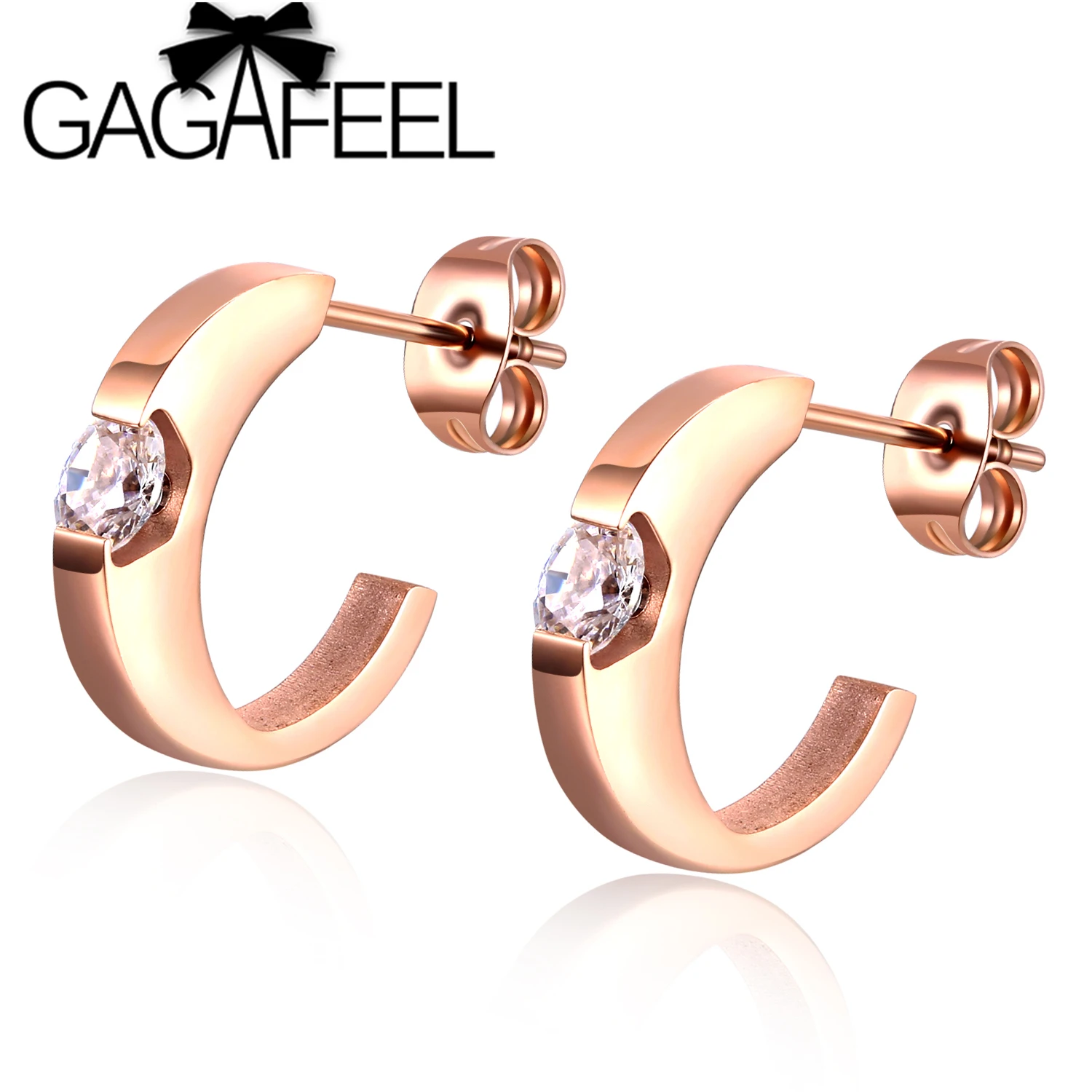 

GAGAFEEL Sweet Women Stud Earrings Rose Gold Crystal Arc Stud Earrings Party Wedding Small Earring Stainless Steel Jewelry