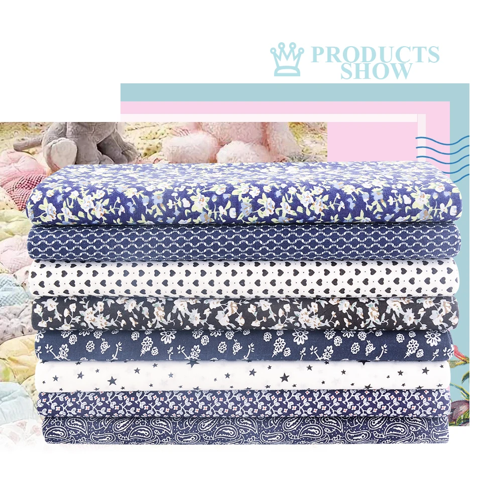 Teramila Grid Pattern Navy Blue Floral Plain Cotton Printed Patchwork Cloth Fabric for Art Sewing DIY Handmade Crafts Needlework