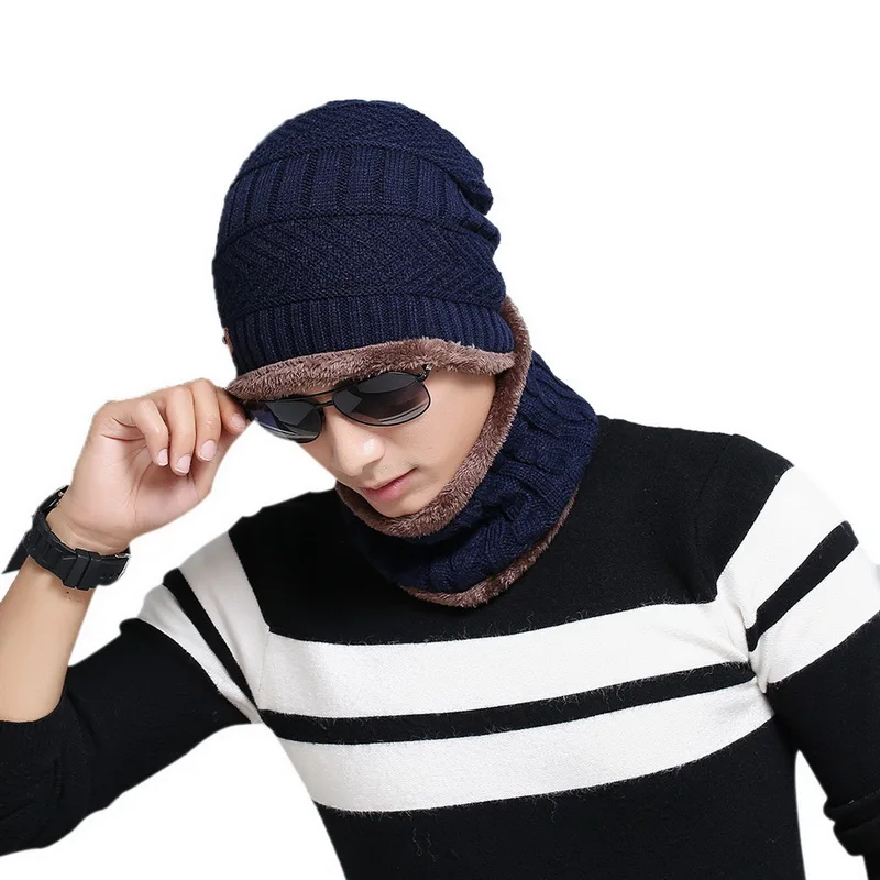 navy 1 Комплект из 2 предметов, повседневная шапка+ шарф, модный мужской комплект, новинка, зимние теплые вязаные плотные шапки с черепом и мягкие плюшевые шерстяные шарфы - Цвет: navy 1