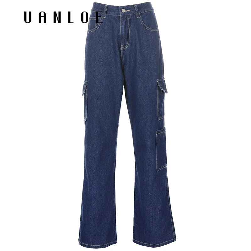 

Weekeep Fashion Pockets Solid High Waist Women's Jeans Streetwear 2020 Autumn Cargo Denim Pants Vintage Straight Harajuku Jeans