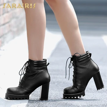 

Sarairis Fashion New 2020 Genuine Cow Leather Ankle Boots Woman Shoes Chunky High Heels Platform Lace Up Shoes Ladies Boots