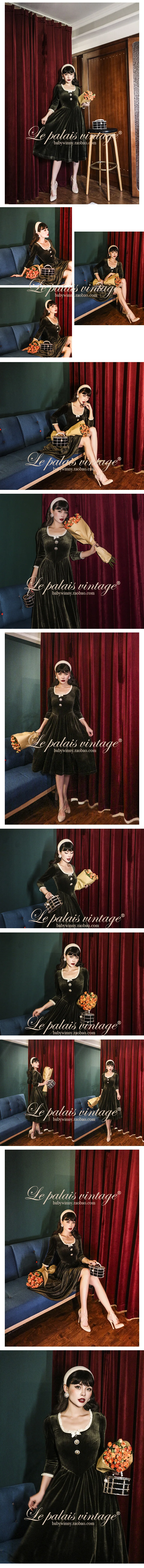 Le Palais Vintage Original Fall Winter Vintage Elegant Olive Green Lace Court Velvet Knee-Length Party Women Dress