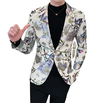 

New Men Blazer Luxury Flowers Allover Printing Prom Suit Blazers Single Button Party Male Nightclub Slim Fit Wedding Suit Jacket