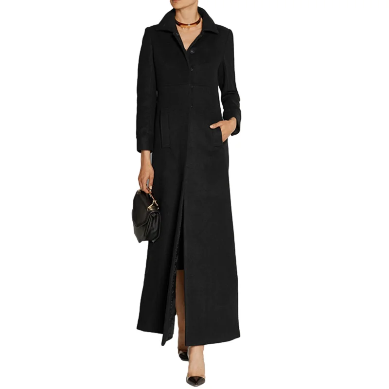 

Black Solid Long Woolen Winter Coats New Women Single Breasted Warm Wool Coat and Jacket Fashion Long Elegant Ladies Outerwear