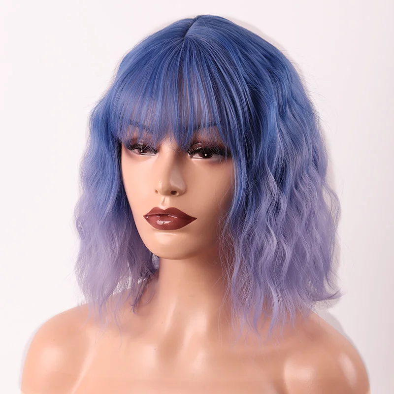 

MERISI HAIR Short Ombre Blue Purple Wavy Wig Blonde Cosplay Synthetic Wigs For Women Glueless Hair High Density Temperature