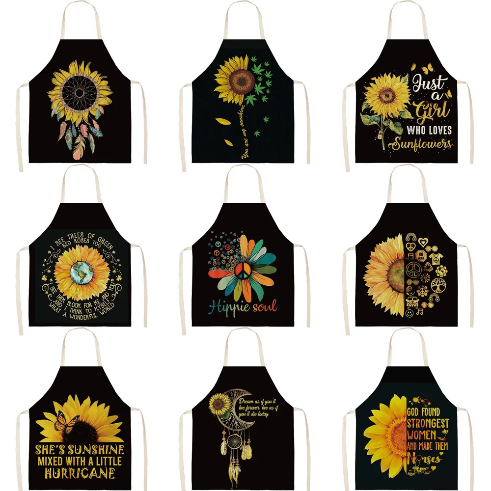 Women Kitchen Apron Cotton Linen sunflower Sleeveless Chef Cooking Aprons Kitchen accessories 68*55cm 0091