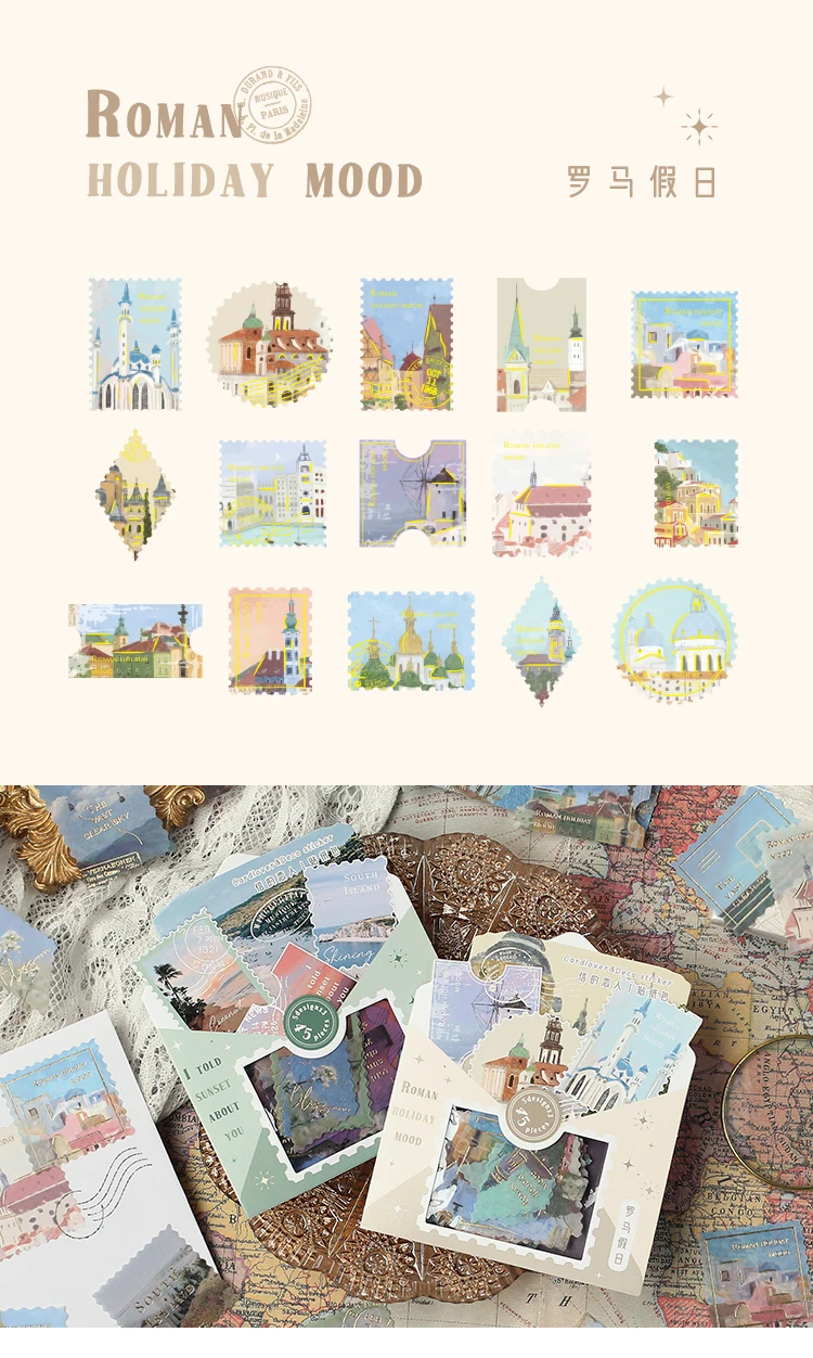 Description Picture 5 of item45pcs/pack Bronzing Stamp stickers package DIY Diary Decoration label sticker Album Scrapbooking material Craft Supplies