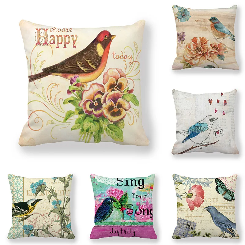 cheap Bird and Flower Cushion Cover Polyester Retro Decorative Vintage Pillowcase for Sofa Couch Living Room Bedroom Home Decor 45x45