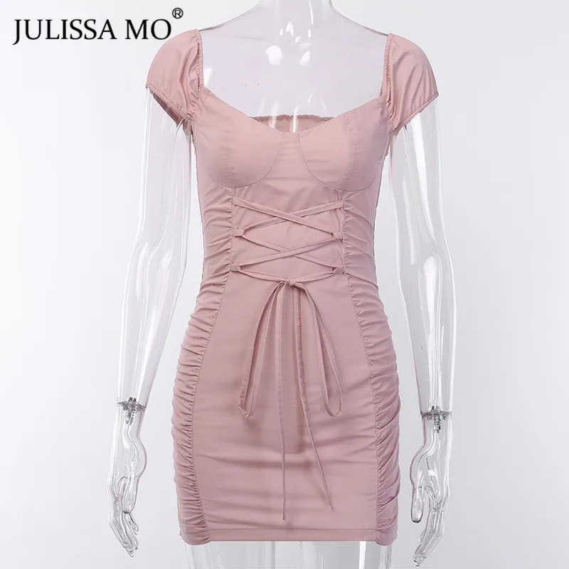 pink JULISSA MO элегантное розовое летнее платье с открытыми плечами для женщин, с рюшами на талии, с перекрестными завязками, облегающее платье, сексуальные вечерние короткие платья - Цвет: pink