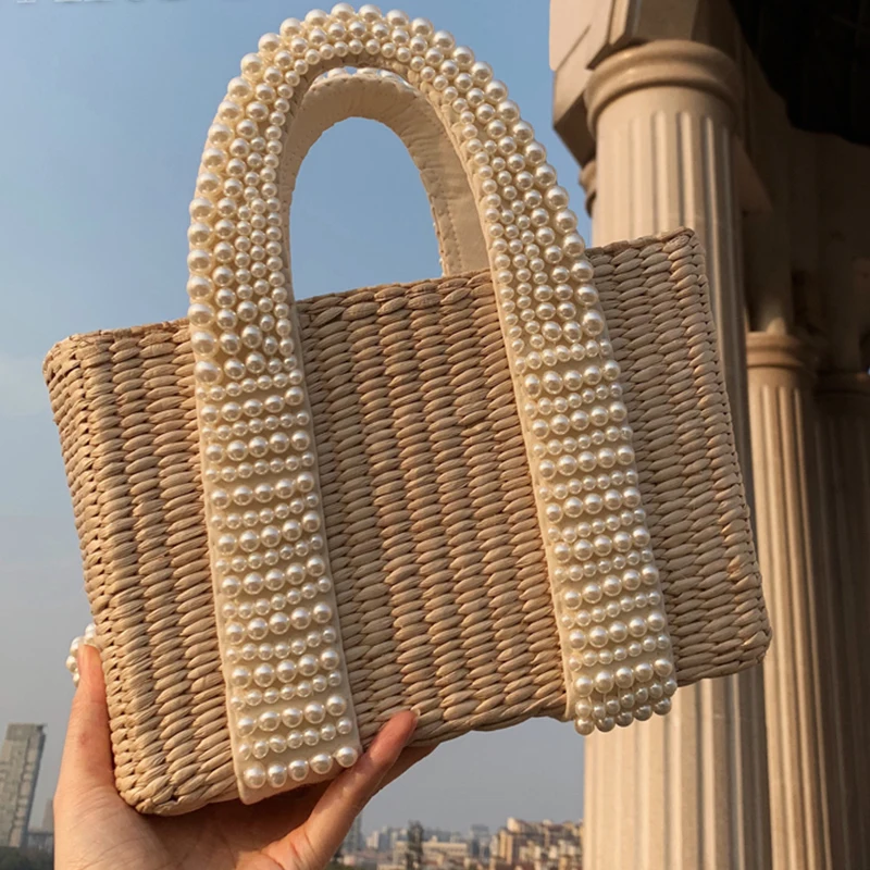 

Luxury Customized Weave Pearl Straw Bags Women Handbags Fashion Pearl Shoulder Messenger Bags Chic Travel Beach Croosbody Bag