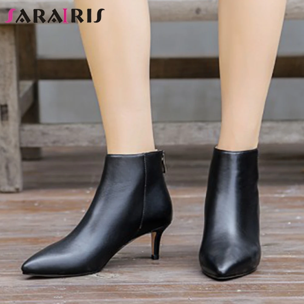 

SARAIRIS Big Size 33-43 Genuine Leather Ankle Boots Women 2019 Mature Pointed Toe Booties Ladies Med Thin Heel Shoes Woman