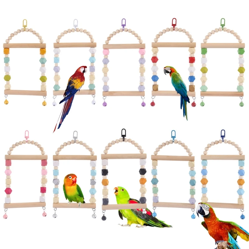 

Wooden Bird Swing Toys Hanging with Bells Beads Parrot Chewing Perch Cage Toy for Small Parakeet Lovebird Cockatiel Bird Supply