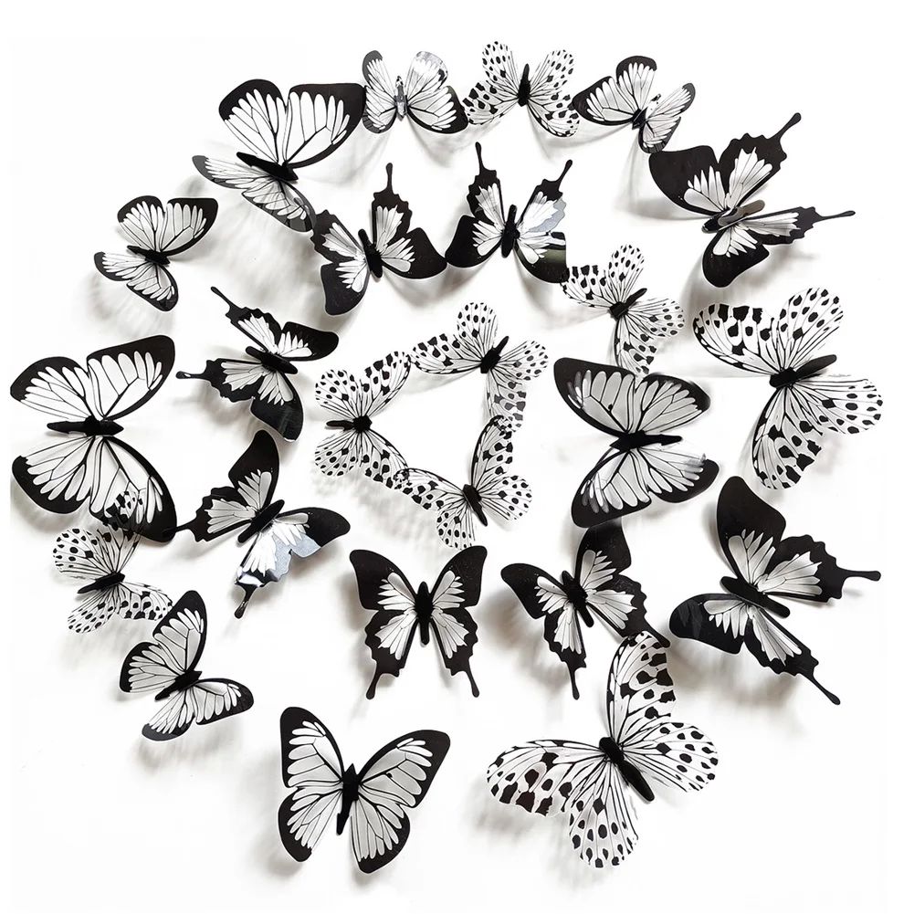 Wall Stickers 24 Pcs/Set Black White 3D Butterfly Wedding Decoration Bedroom Living Room Home Decor
