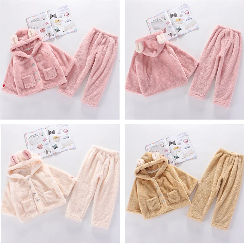 Christmas Pajamas Kids Pajamas Set Winter Faux Fur Sleepwear Ear Hooded Coat Jacket Tops Pants Warm Outwear Pajama Set Gh4