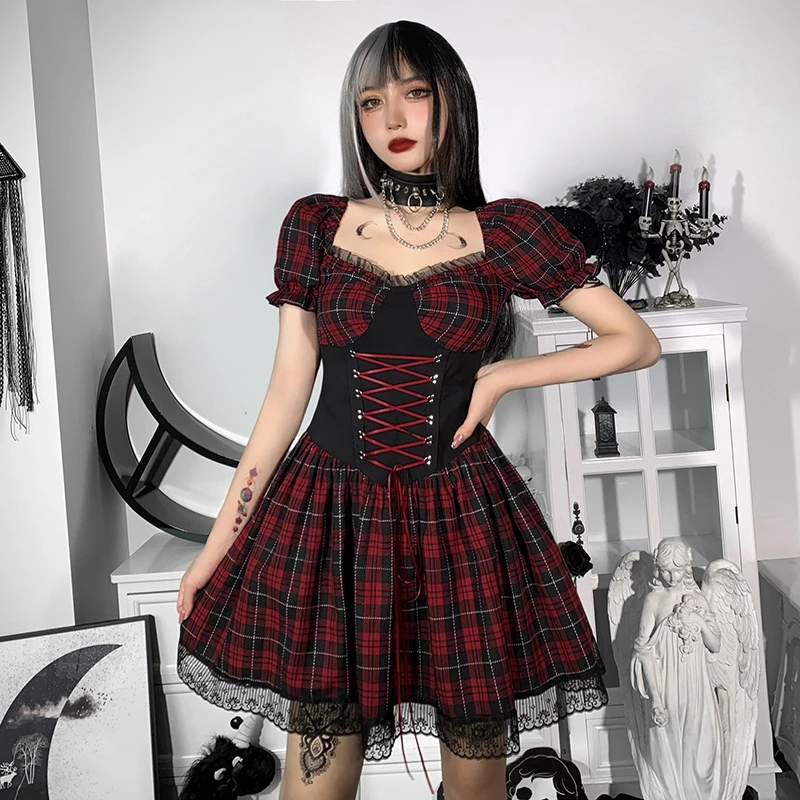 Vestido gótico a cuadros mujer, ropa punk rave, con tirantes finos, estética Y2K, cintura de encaje, Emo|Vestidos| - AliExpress