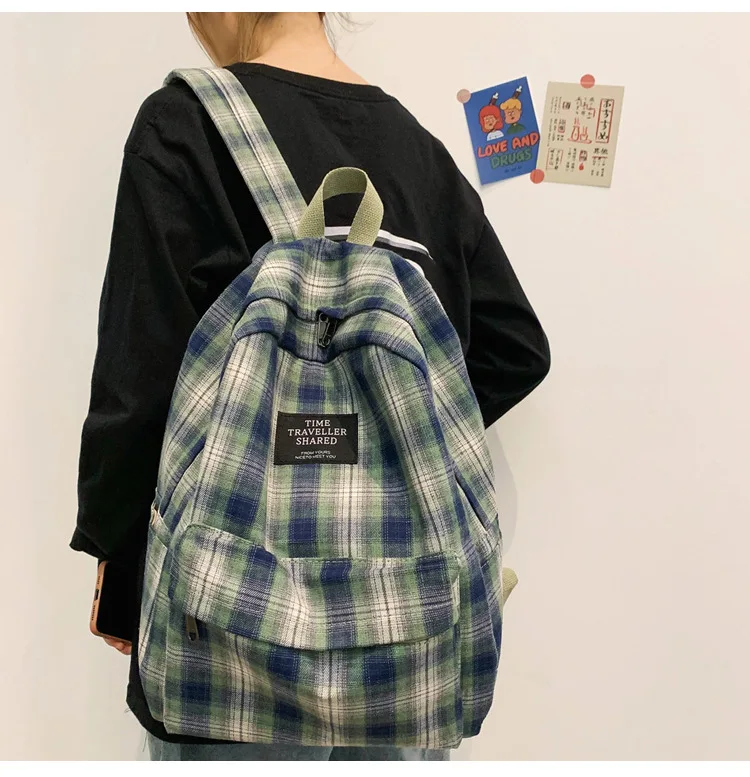 Fashion Plaid Canvas Women's Backpack Student Backpacks Teenage Girl School Bags Large Capacity Waterproof Travel Rucksack