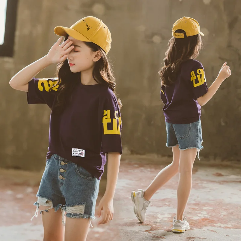 

Summer Net Red Girls Hip Hop DJ T-shirt Short Sleeve Cotton Tops Tees Foreign Style 4-15 Years Kids Clothes Casual T Shirt
