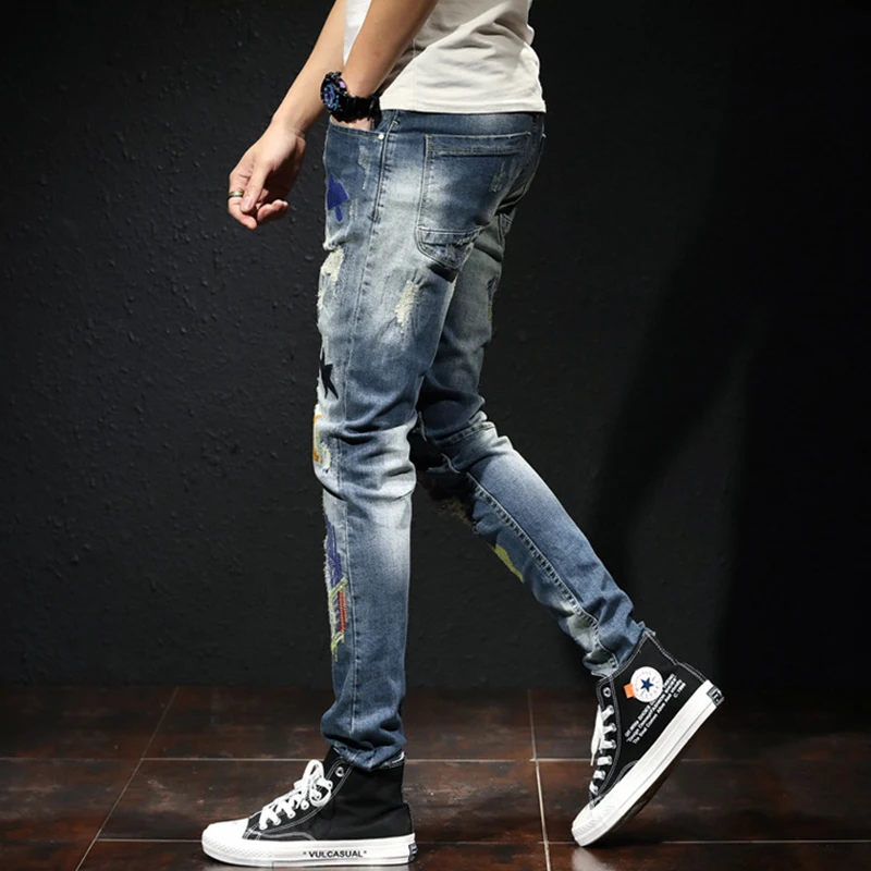 Flash Sale Aolamegs Jeans Men Colorful Patch Casual Hip Hop Style Denim Advanced Broken Hole High Quality Tight Jeans Streetwear Autumn