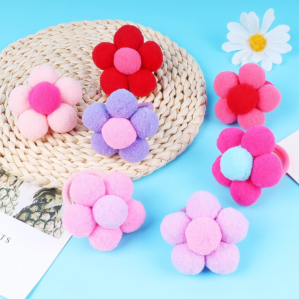 2 stücke Neue Fell Blume Elastische Mädchen Frauen Pferdeschwanz-halter Plüsch Ball Haar Ring Elastische Haar Seil Haar Krawatte Zubehör pompom – Detail 3