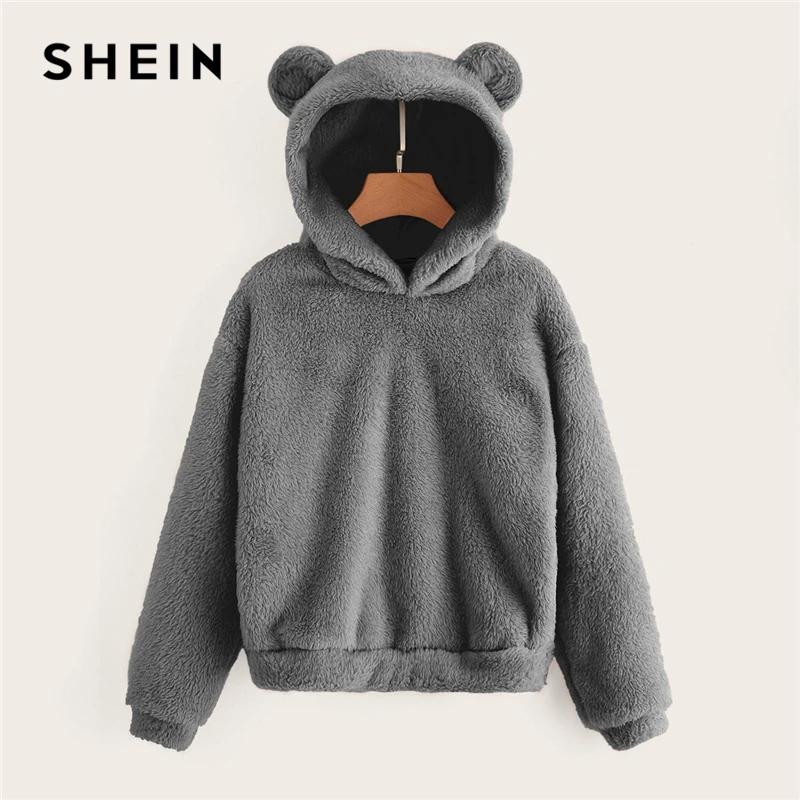 SHEIN Однотонный Свитшот С Капюшоном Модная Толстовка Тедди С Длинным Рукавом