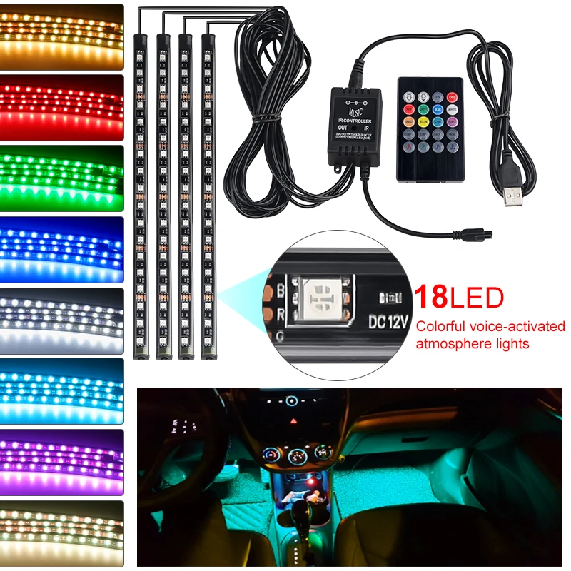 USB SMD 5050 LED Strip Car Foot Light Atmosphere Lamps Music Control Multiple Modes Automotive Interior Decorative Lights